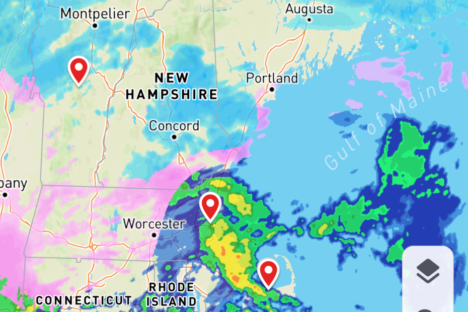 weather radar map of a cape cod winter storm